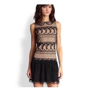Alice + Olivia Crochet Lace Mini Dress BlackY2K  Nude Peter Pan Collar Size 2